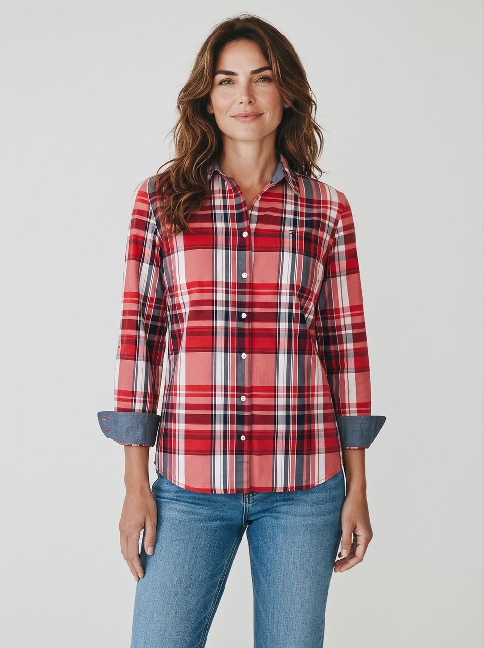 Tommy Hilfiger Women's Red Plaid Button Down Shirt Roll Tab Denim Cuffs - Medium